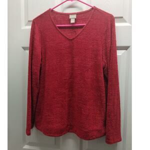 Chico's Size 1 (Medium) Red Fuzzy Soft V-Neck Pullover Lightweight Thin Sweater